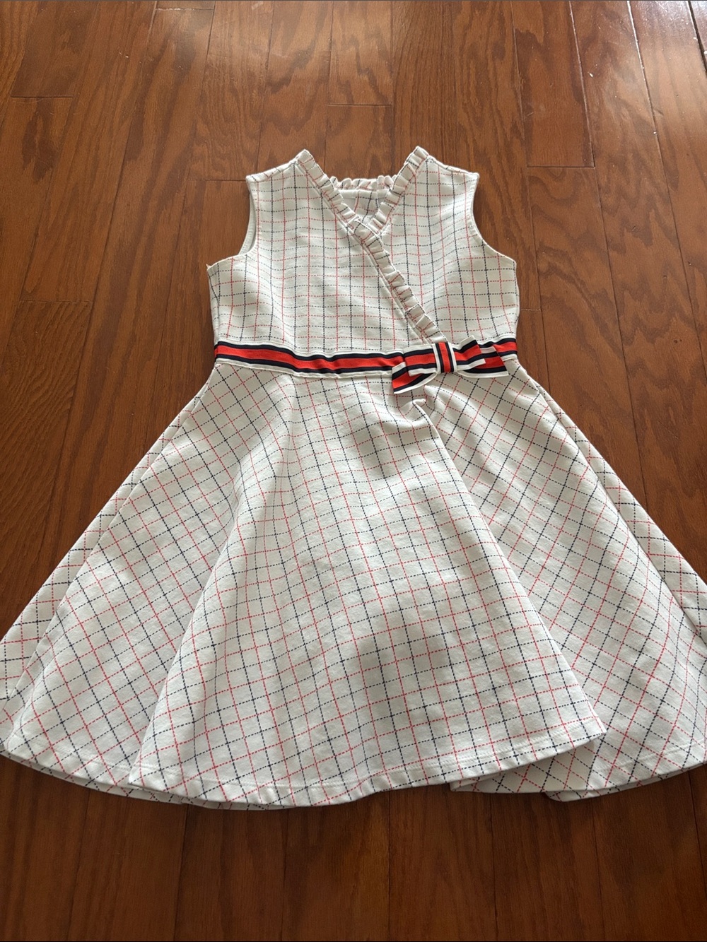 Girls' Cream Plaid Fit-and-Flare Dress with Decorative Waist Bow